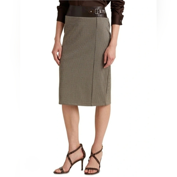Ralph Lauren Brown Houndstooth Faux Wrap Straignt Pencil Skirt 8 - Picture 1 of 8